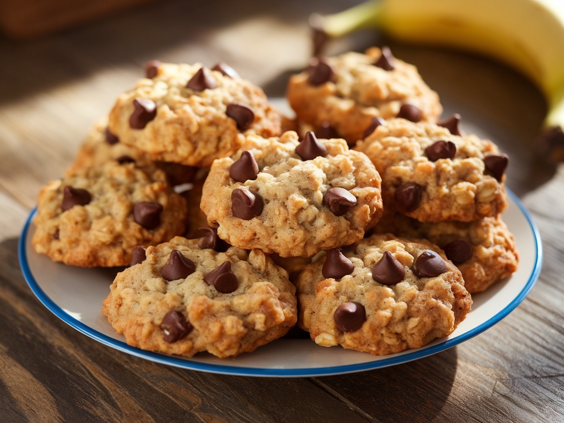 Chewy banana oatmeal cookies with chocolate chips on a wooden plate, with ripe bananas in the background.